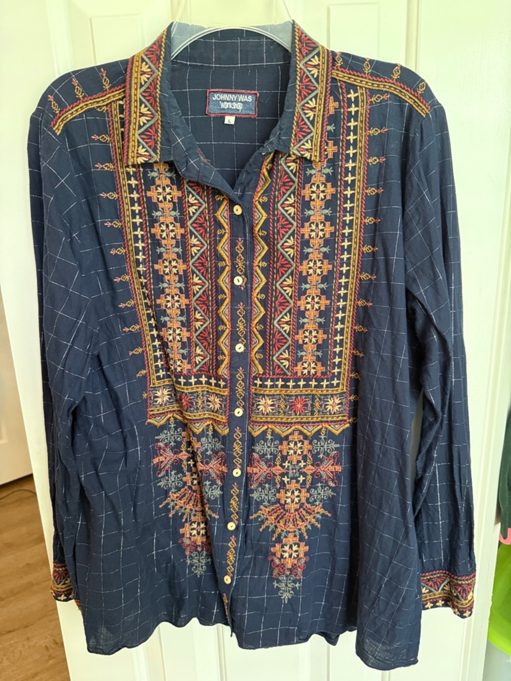 Johnny Was Navy Embroidered Boho Button-Down Shirt